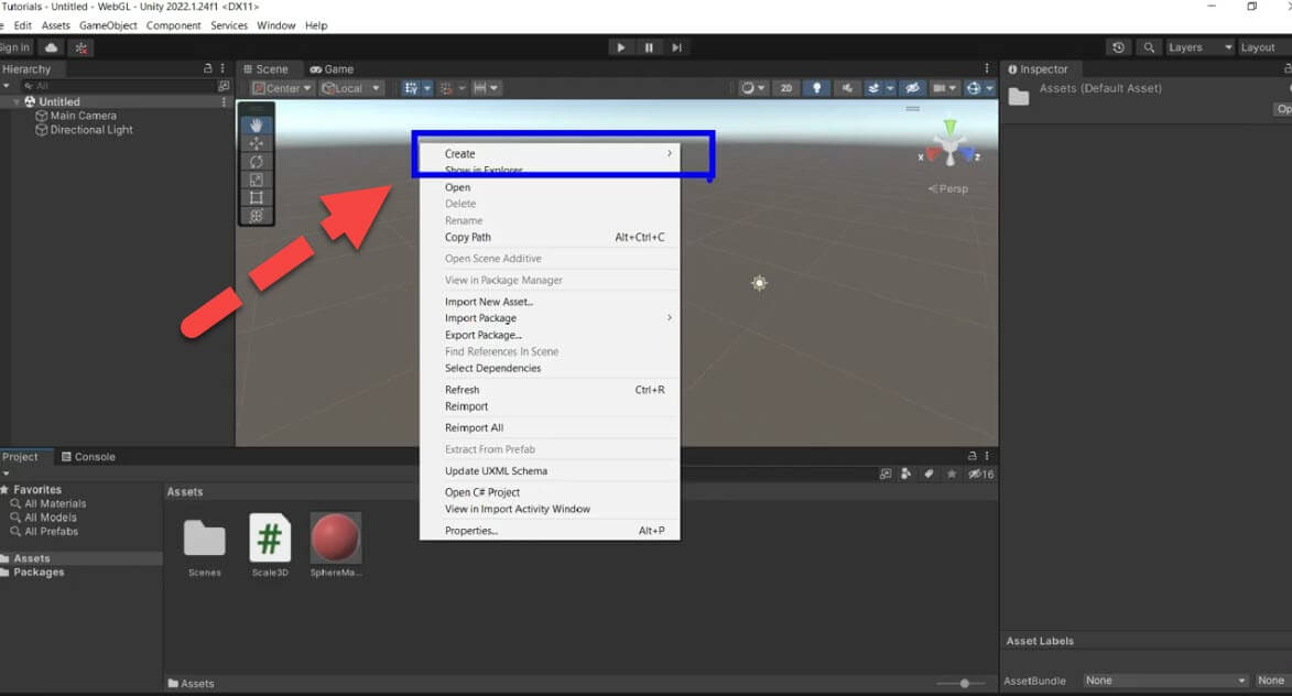 Create in the Unity project